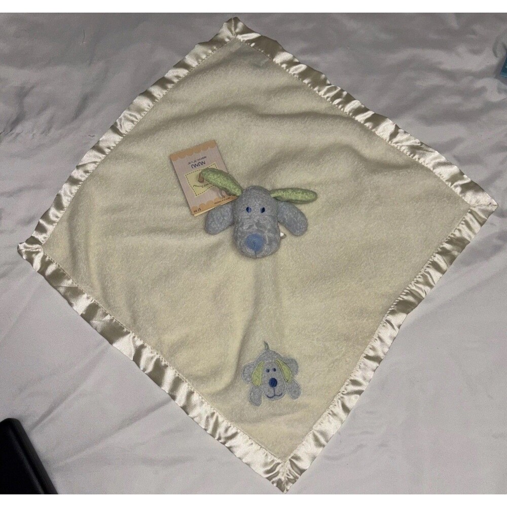 Blankets and Beyond Blue w/green Ears Dog Pastel Yellow Satin Trim Security Size